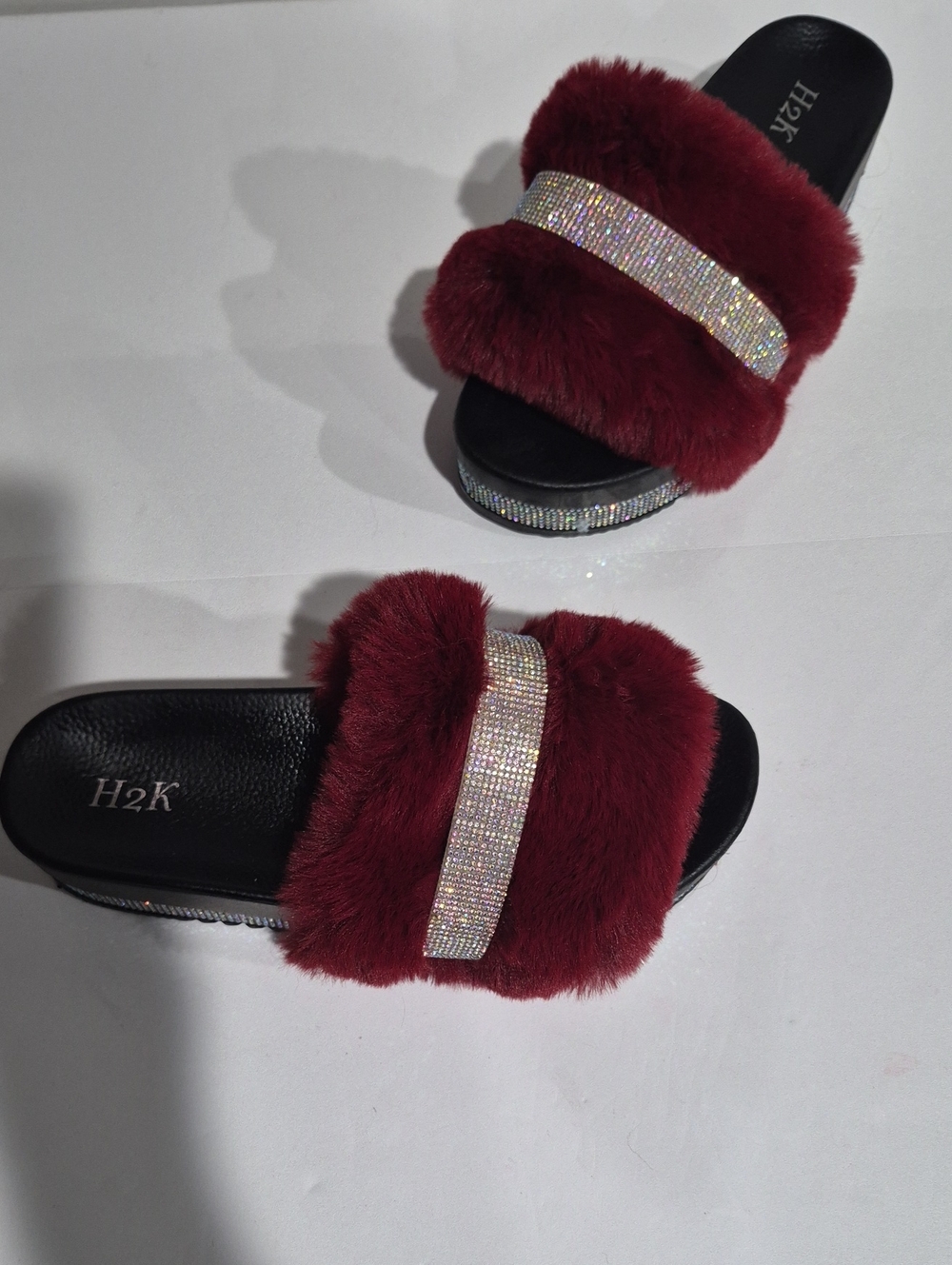 H2K Women's Burgundy Fluffy Faux Fur Slide Sandals with Rhinestone Band, Size 9